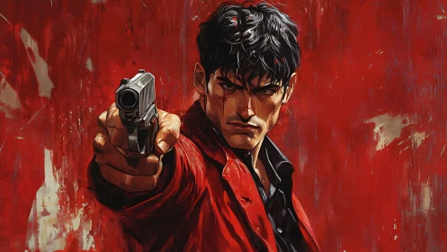 Determined man in red coat aiming handgun forward.