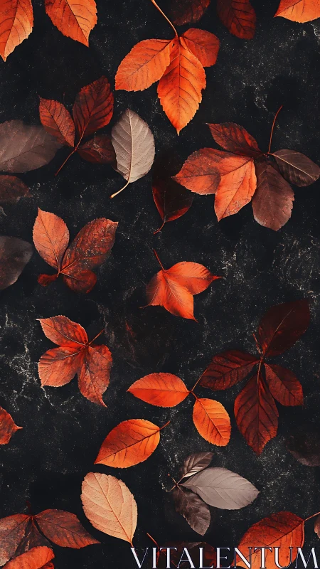 Autumn leaves create dense scattered pattern on dark stone