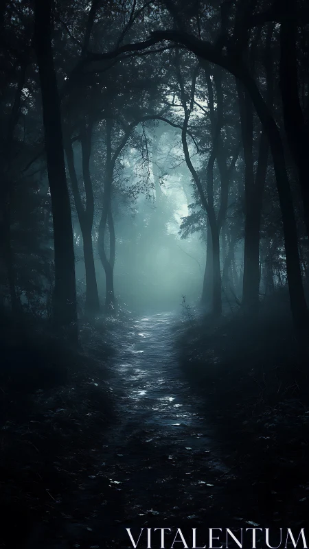 Ethereal forest passage veiled in luminous mystery and ancient shadow.