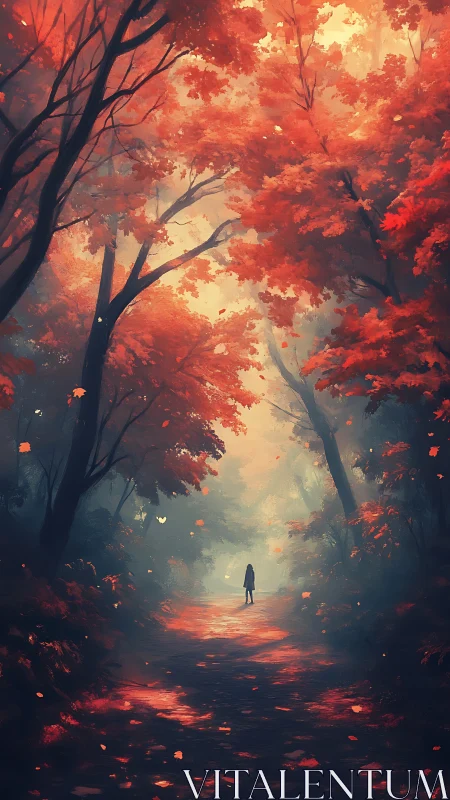 Crimson trees cradle a lone wanderer in misty twilight