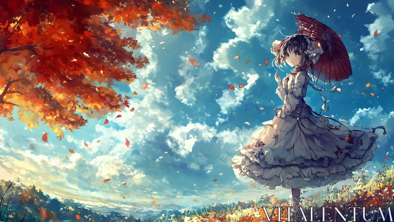 Autumn field anime scene contrasts vivid foliage and bright sky