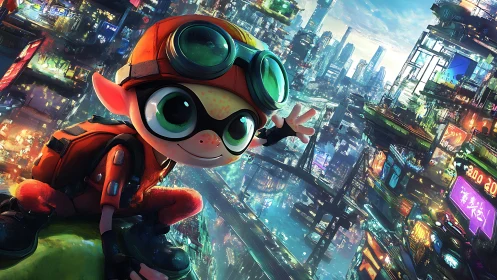 Cartoon character overlooks dense illuminated futuristic city