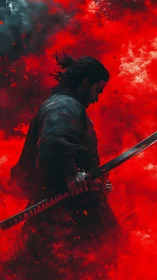 Lone samurai silhouette amid crimson storm clouds.