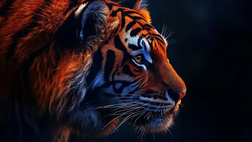 Tiger profile portrait shows high contrast lighting and detail