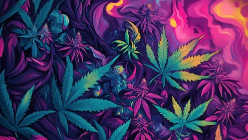 Luminous neon leaves drifting through a dreamy twilight garden.