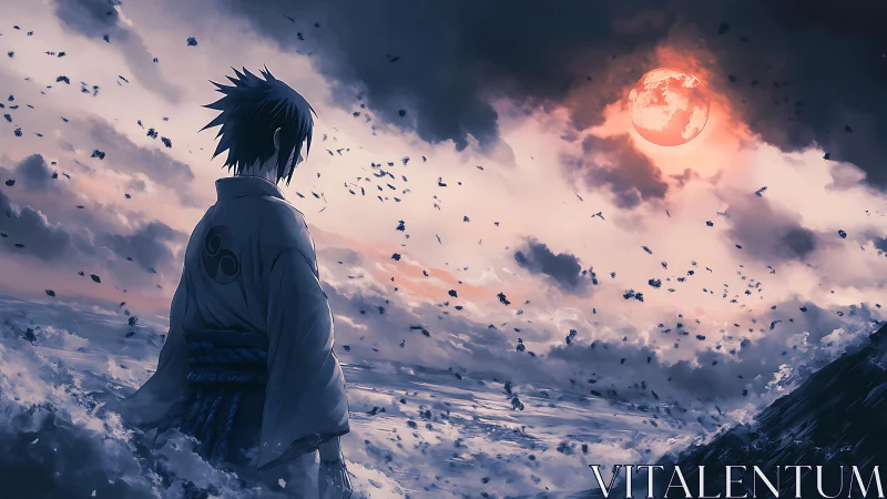 Solitary warrior studies blood-red moon above storm sea