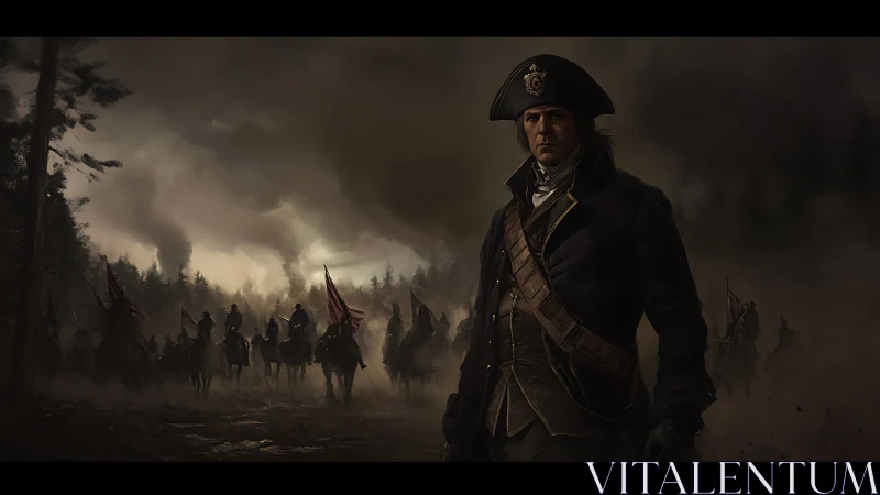 Napoleonic officer leads cavalry column through storm-laden battlefield