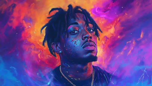 Chromatic nebula portrait of contemplative digital youth.