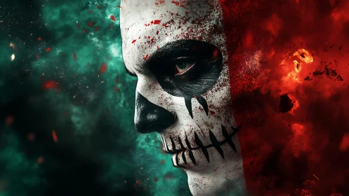 Skull-painted vigilante caught between flame and smoke.