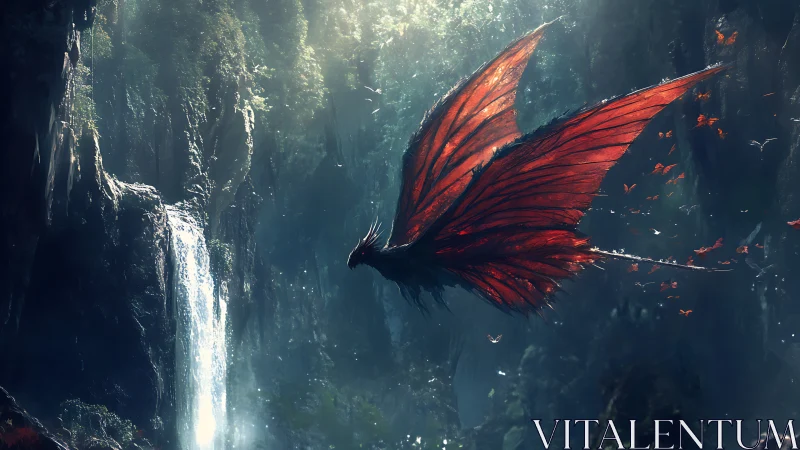 Crimson winged dragon gliding through a mist-veiled cascade.