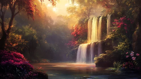 Luminous tropical waterfall framed by lush vivid rainforest foliage.