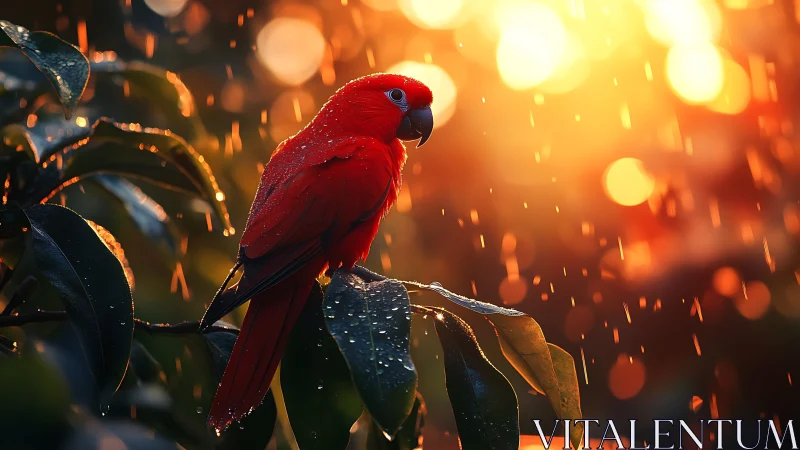 Vibrant Scarlet Parrot in Rain at Sunset, Dramatic Nature Photo.