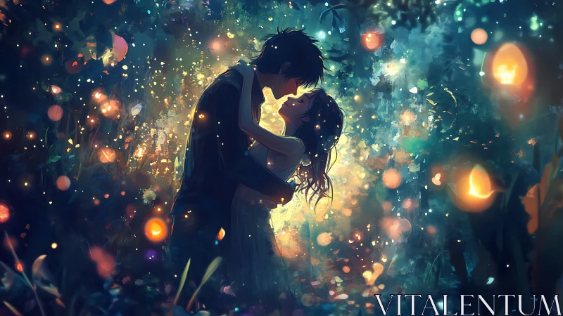 Luminous Embrace: Two Figures Surrounded by Glowing Lights.