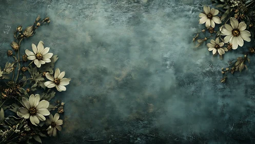 Vintage Daisies on Weathered Teal Surface with Golden Botanical Elements.