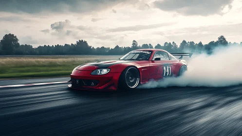 Scarlet drift missile carves thunderclouds across wet tarmac