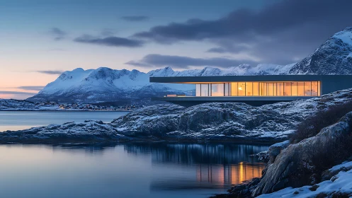 Cantilevered glass-walled coastal house over Arctic shoreline at dusk