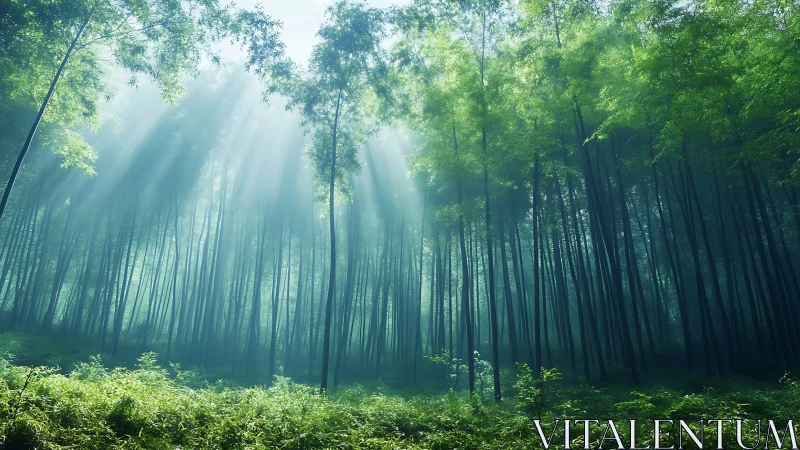Vertical woodland canopy with crepuscular light rays penetrating dense bamboo forest ecosystem.