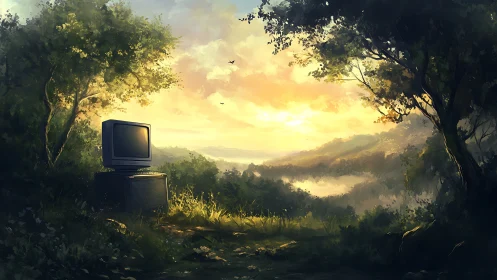 Retro computer altar in luminous forest clearing at dawn.