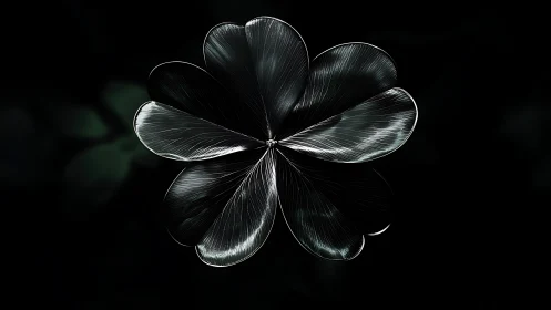 Monochrome metallic flower petals on deep black void.
