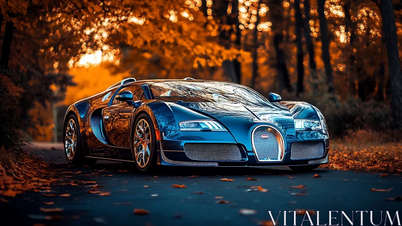 Hyperreal supercar rendering in saturated autumn forest light.