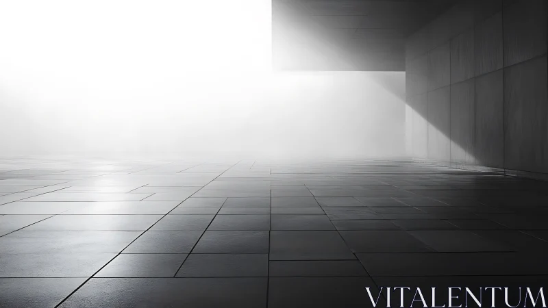 Minimalist architectural space with dramatic geometric light and shadow