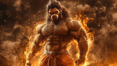 Mythic simian warrior in pyroclastic digital chiaroscuro.