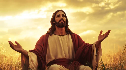 Golden sky prayer in radiant wheat field at dusk serenity.