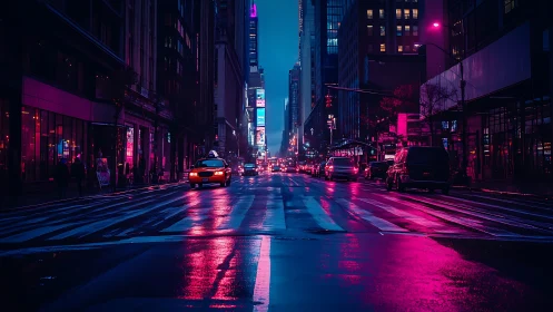 Nocturnal urban avenue with neon-saturated reflective roadway.