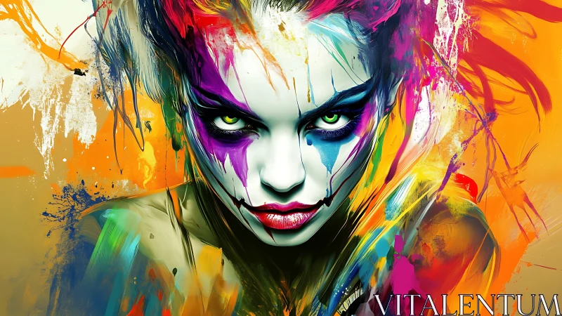 Vivid neon-painted female face stares forward with intensity