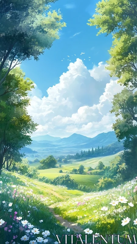 Sunlit meadow path winding toward distant blue hills.