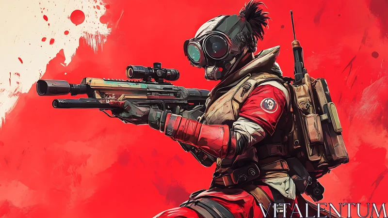 Armored sniper with tactical rifle holds position against red field