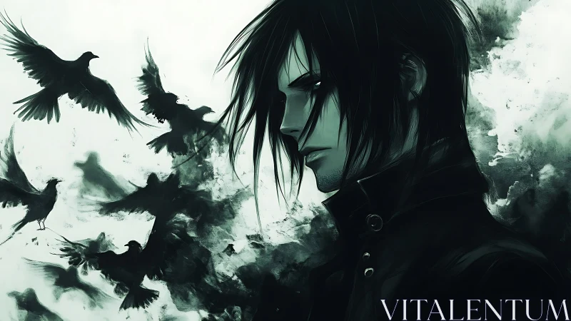 Brooding anime figure merges with ink-like crows in motion
