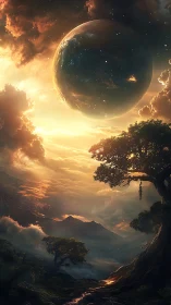 Planetary sky over illuminated valley and silhouetted trees.