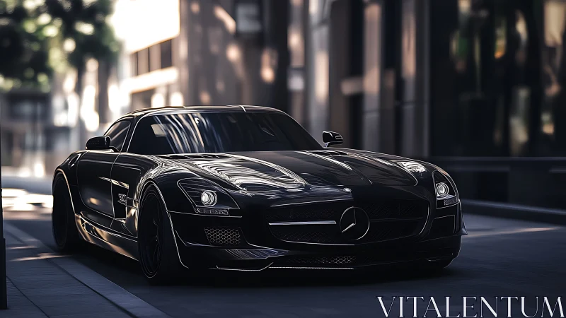 Black supercar glides through moody urban canyon streets.