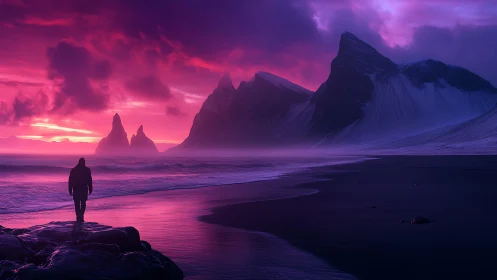 Silhouetted figure on shoreline beneath magenta coastal peaks.