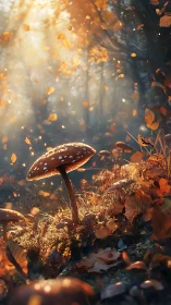 Sunlit fly agaric glows in a dreamy golden autumn forest