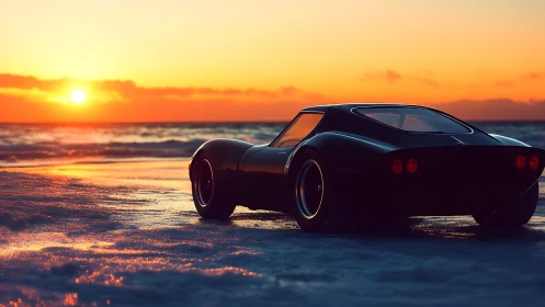 Sleek black sports car waits beside a glowing ocean sunset