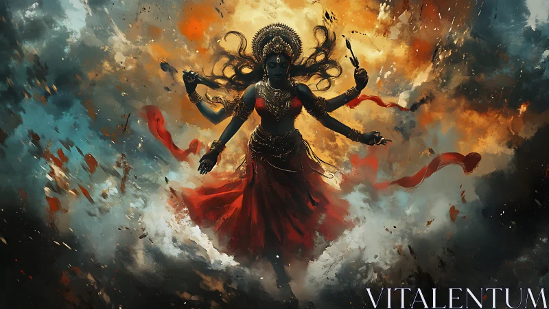 Fierce goddess in swirling fire and stormy cosmic skies.