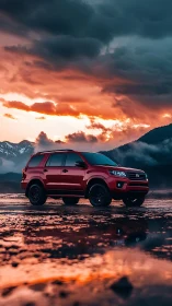 Red SUV on wet terrain under dramatic storm sunset.