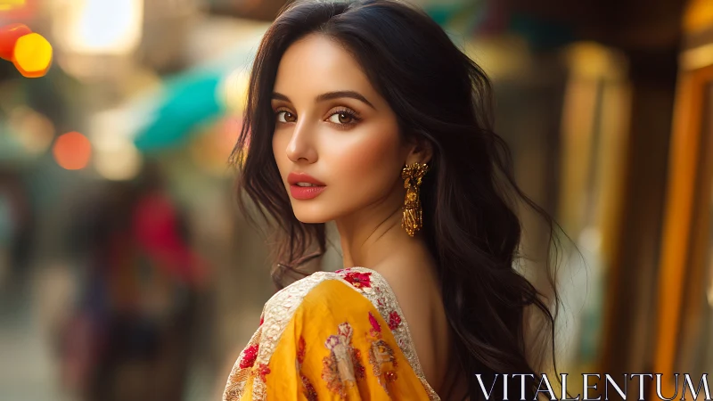 Golden sari muse drifting through a softly blurred bazaar.