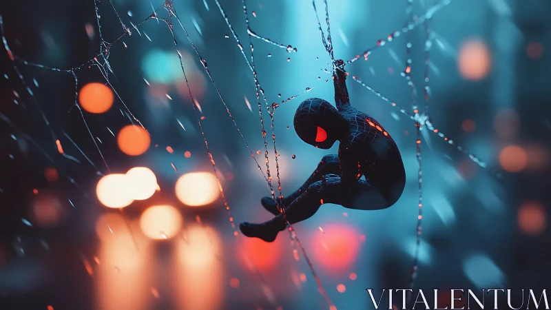 Miniature spider hero swings through neon city rainstorm.