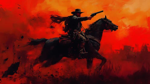 Gunslinger rides warhorse through blazing crimson dust storm.