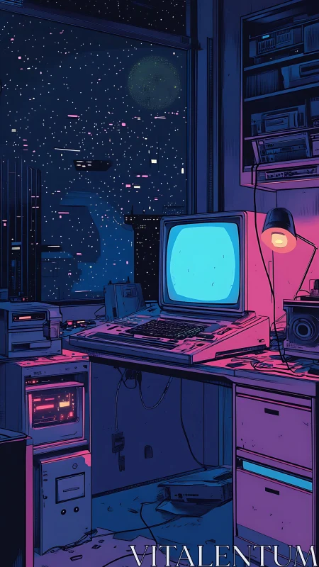 Retro CRT workstation in neon-lit cyberpunk high-rise interior