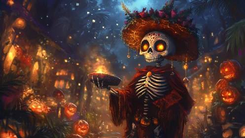 Skeleton hostess presents pie in glowing D&iacute;a de Muertos street.