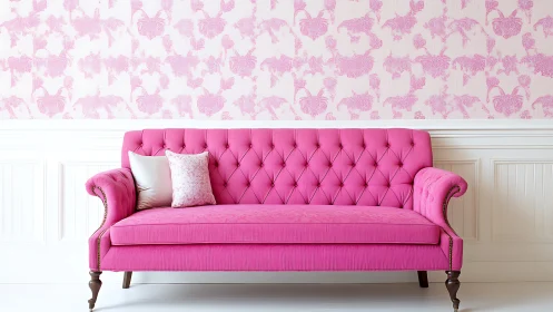 Fuchsia tufted sofa anchors white room with pink pattern