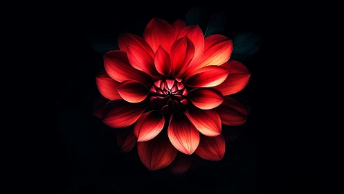 Red Dahlia with Dramatic Backlighting Against Black Background.