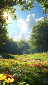 Sunlit forest path wandering through wildflower meadow.