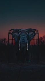 Twilight elephant stepping from a shadowed cage at dusk.