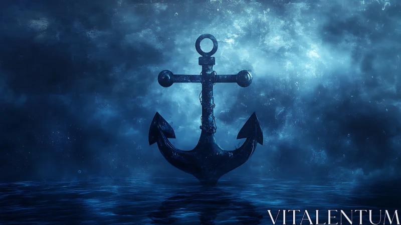 Dark maritime anchor silhouette over reflective water.