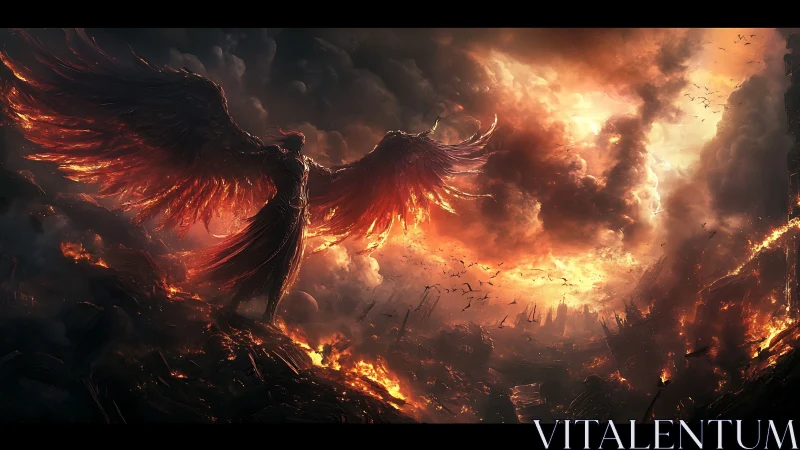 Fiery fallen angel spreads burning wings over ruined city